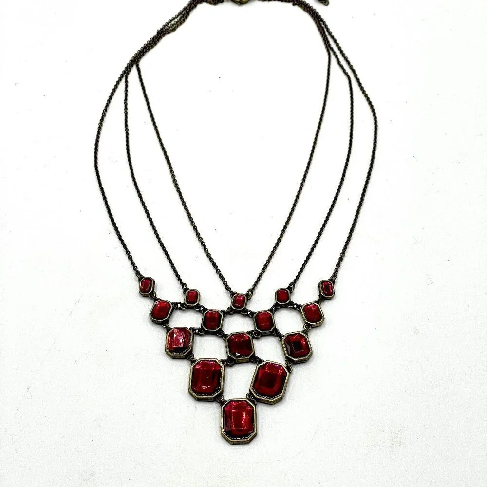 Avon Red Faceted Graduated Squares 3-Strand Gold Tone Statement Bib Necklace